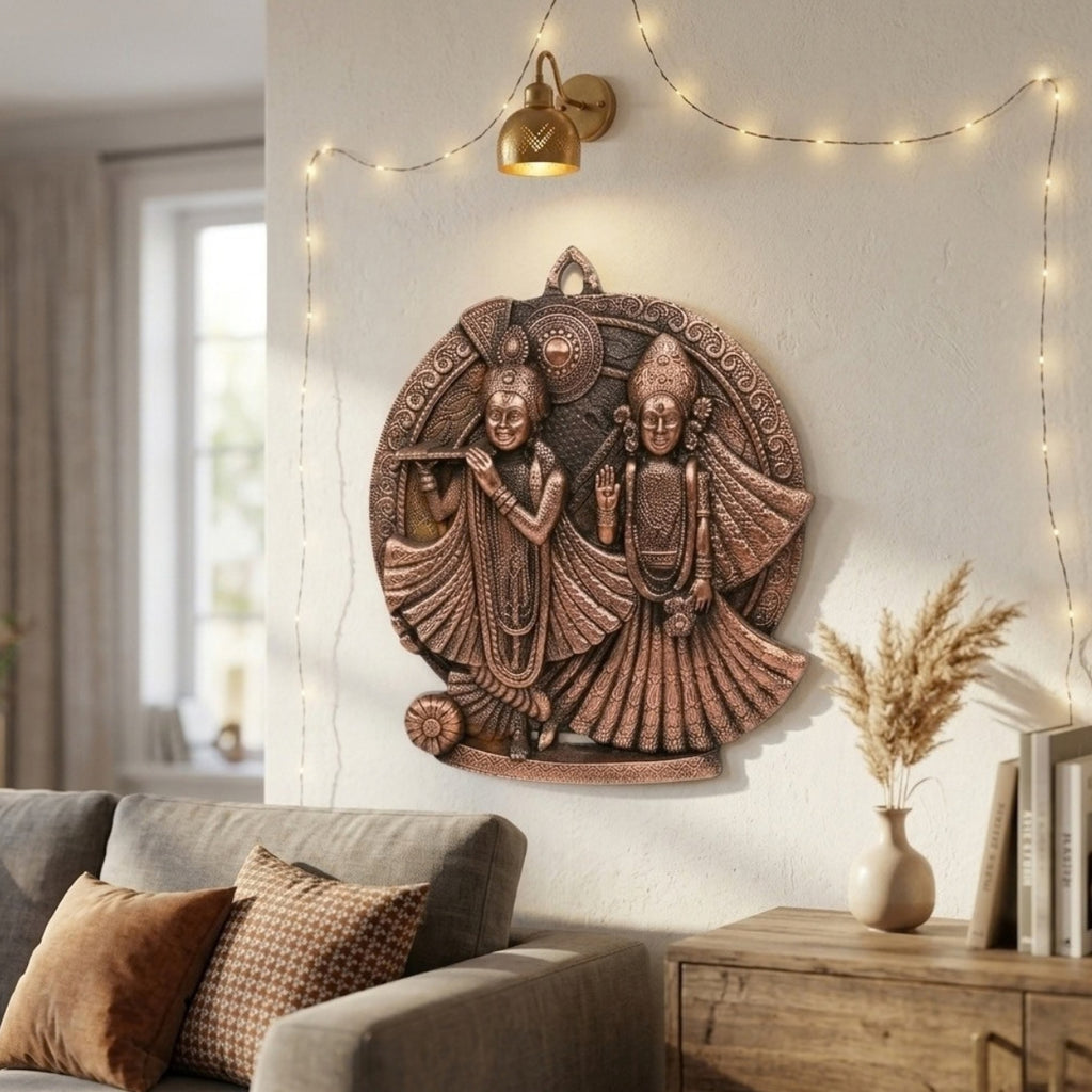 Gunmetal Copper Finish Round Radha Krishna Metallic Wall Hanging Art Piece G-275-A