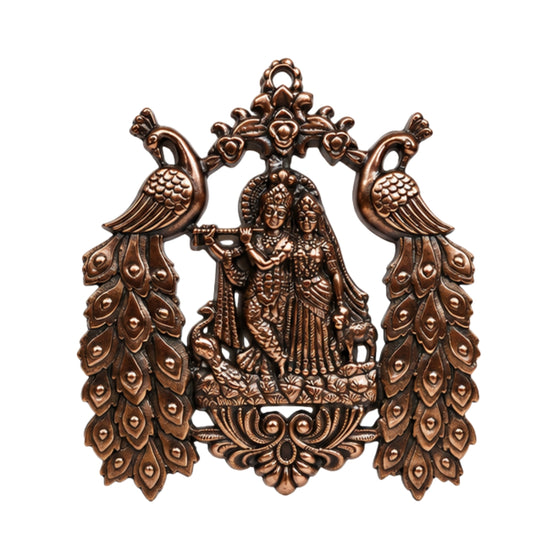 Antique Gunmetal Copper Finish Radha Krishna with Twin Peacocks Metal Wall Art Hanging G-257-A