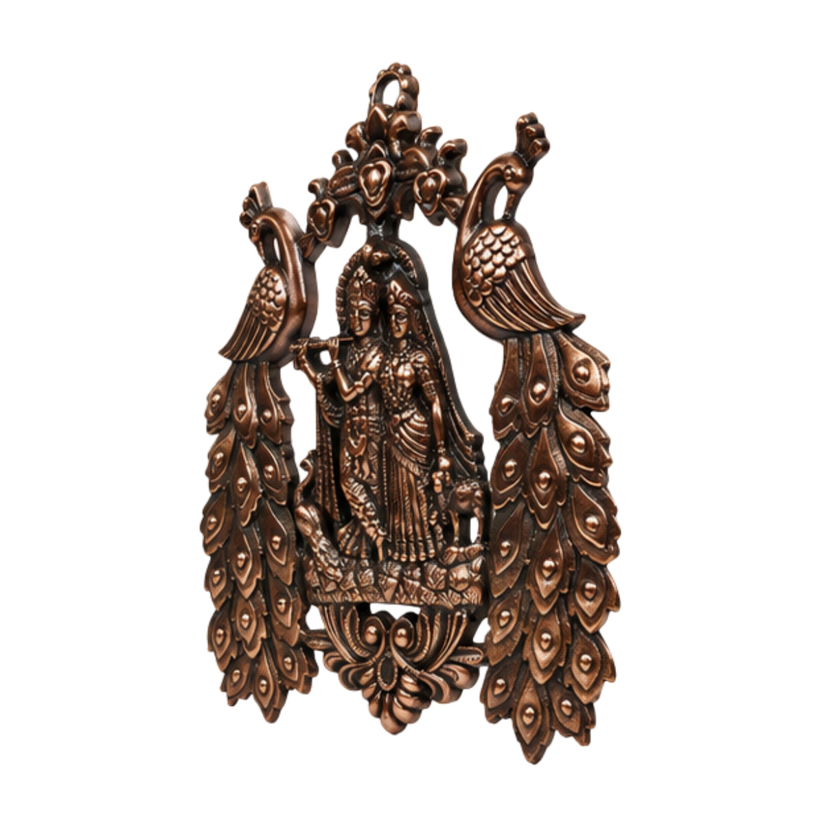 Antique Gunmetal Copper Finish Radha Krishna with Twin Peacocks Metal Wall Art Hanging G-257-A