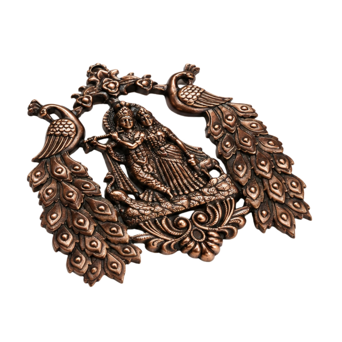 Antique Gunmetal Copper Finish Radha Krishna with Twin Peacocks Metal Wall Art Hanging G-257-A