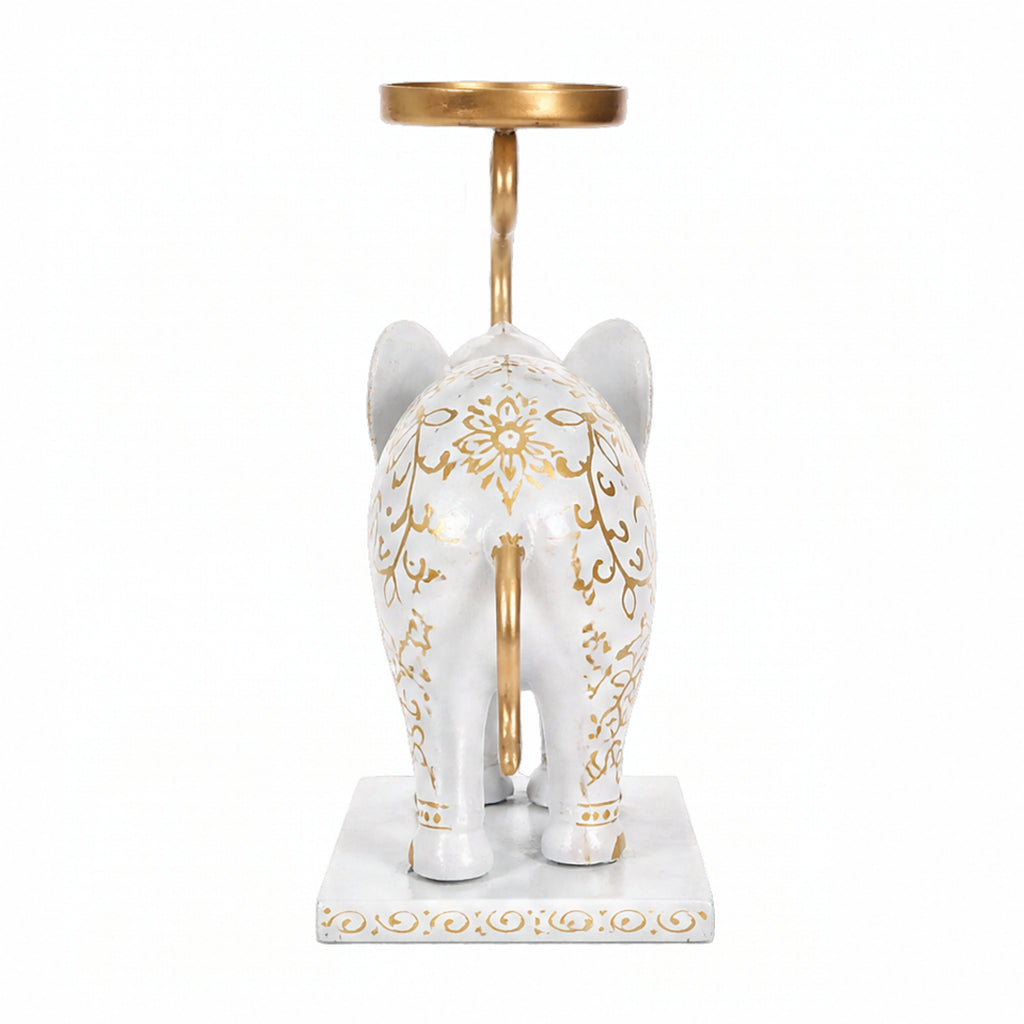 Handcrafted Metal Elephant Tealight Holder – White and Gold Tabletop Decor I-419-A