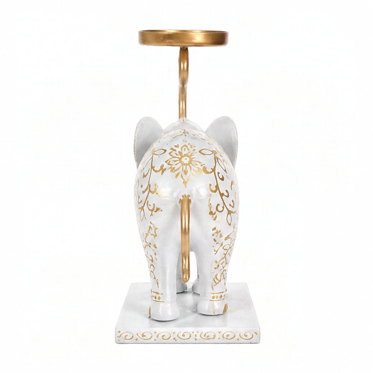 Handcrafted Metal Elephant Tealight Holder – White and Gold Tabletop Decor I-419-A