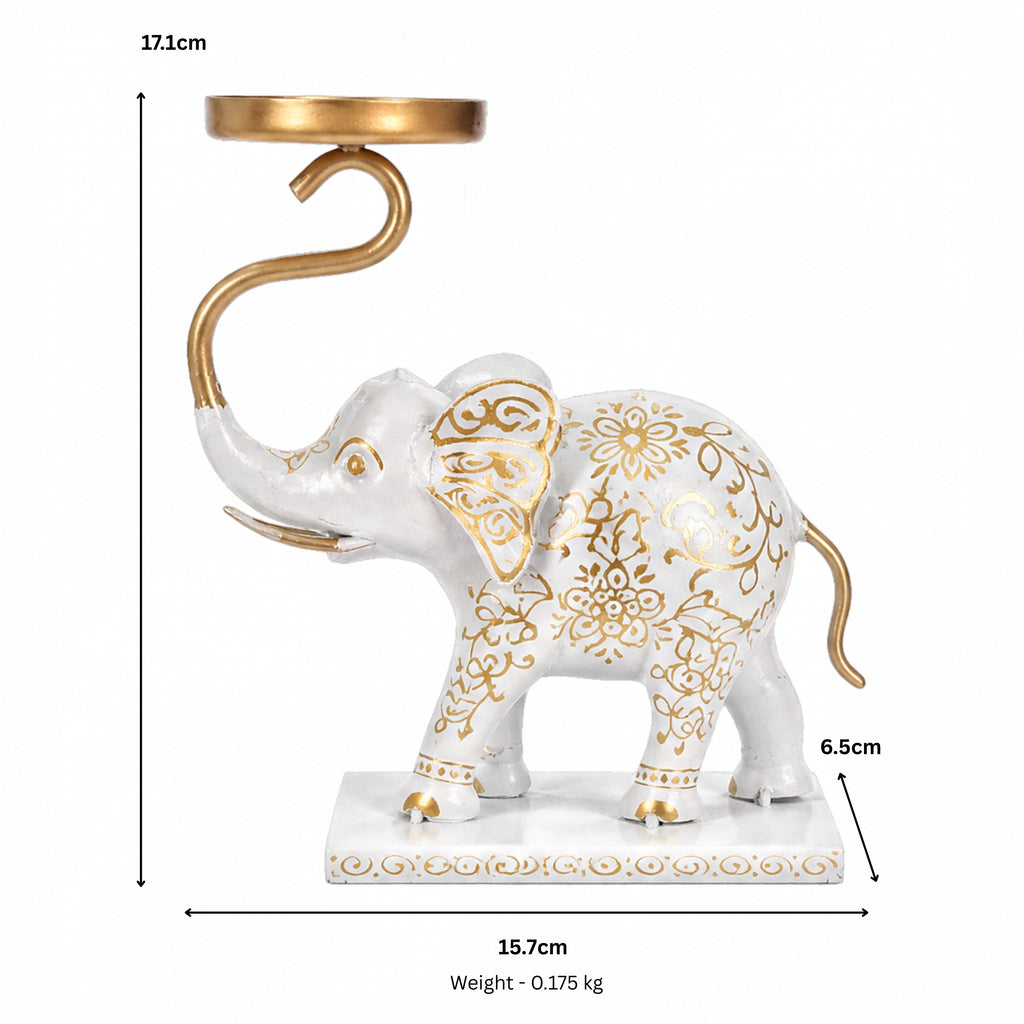 Handcrafted Metal Elephant Tealight Holder – White and Gold Tabletop Decor I-419-A