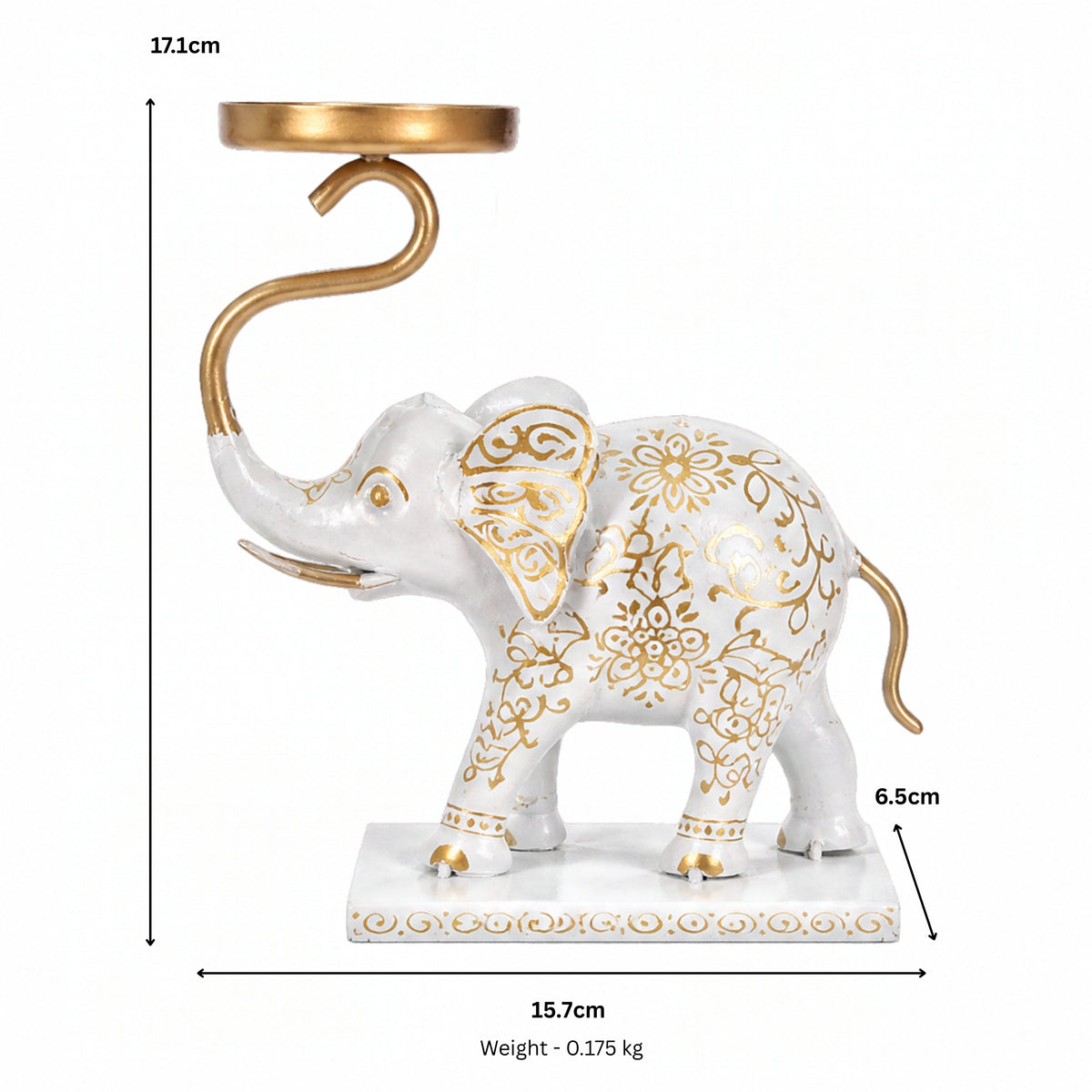 Handcrafted Metal Elephant Tealight Holder – White and Gold Tabletop Decor I-419-A
