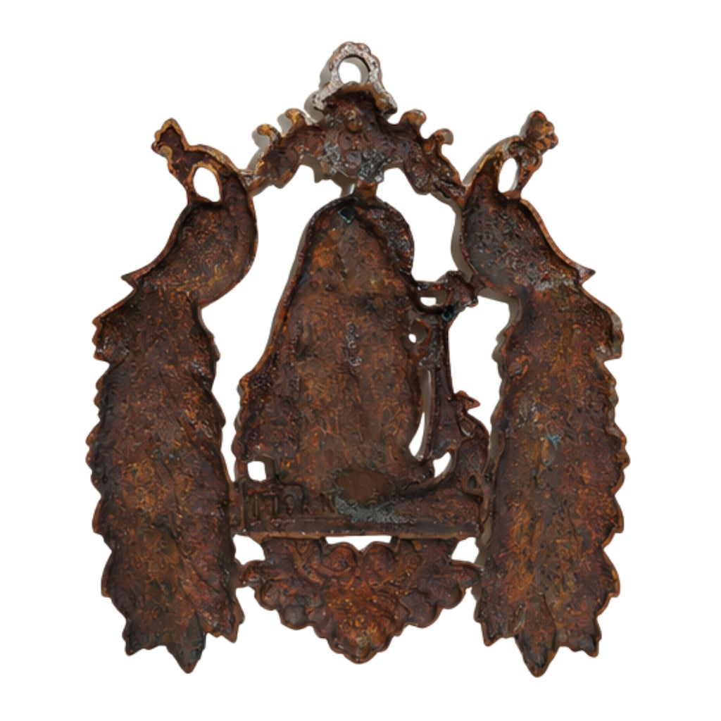 Antique Gunmetal Copper Finish Radha Krishna with Twin Peacocks Metal Wall Art Hanging G-257-A