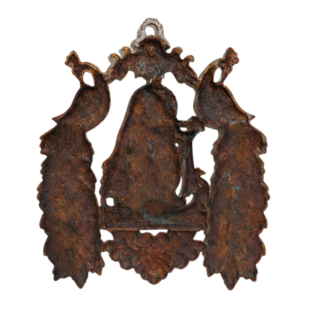 Antique Gunmetal Copper Finish Radha Krishna with Twin Peacocks Metal Wall Art Hanging G-257-A