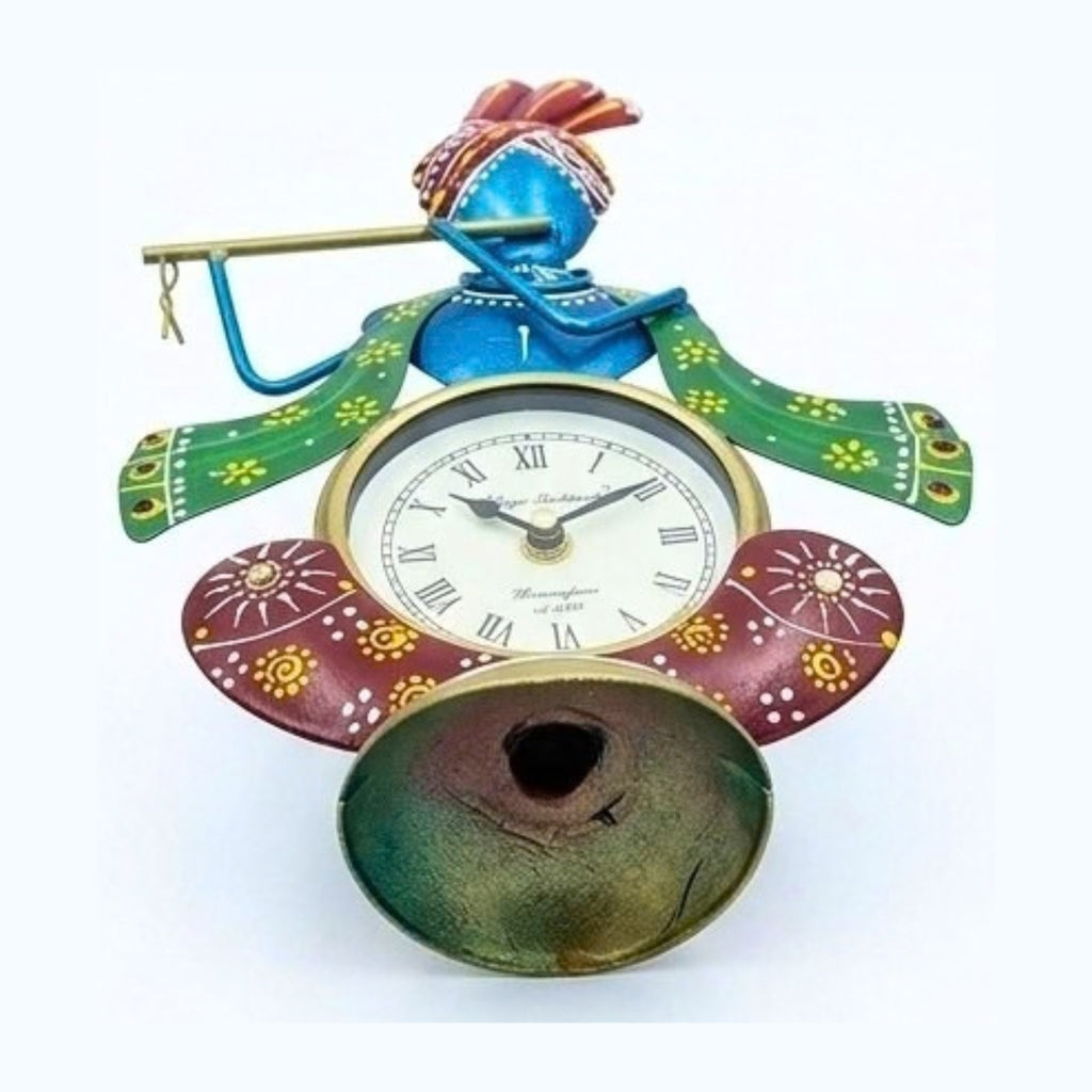 Handcrafted Lord Krishna Iron Table Clock & Spiritual Desk Decor I-309-A