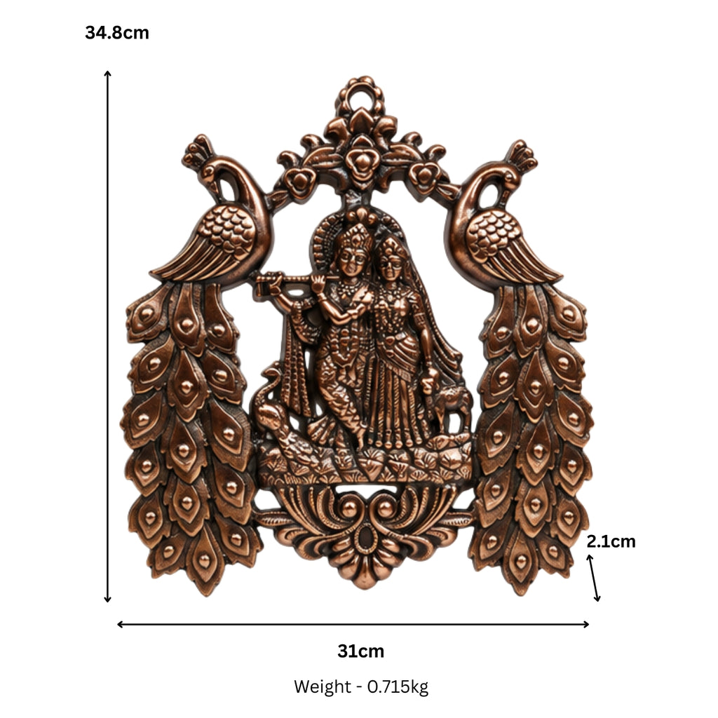 Antique Gunmetal Copper Finish Radha Krishna with Twin Peacocks Metal Wall Art Hanging G-257-A