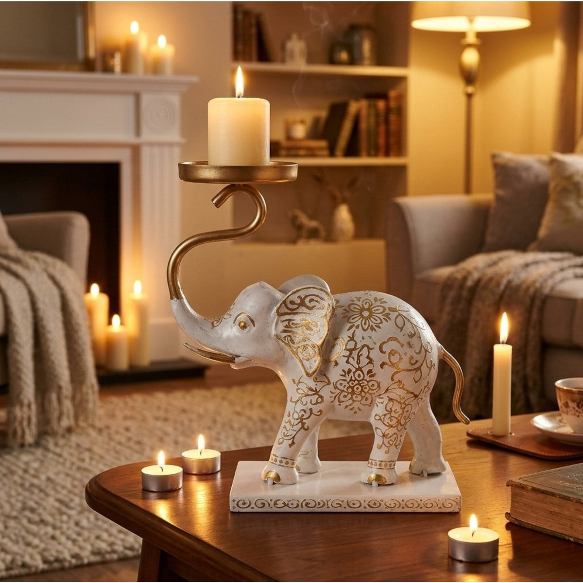 Handcrafted Metal Elephant Tealight Holder – White and Gold Tabletop Decor I-419-A