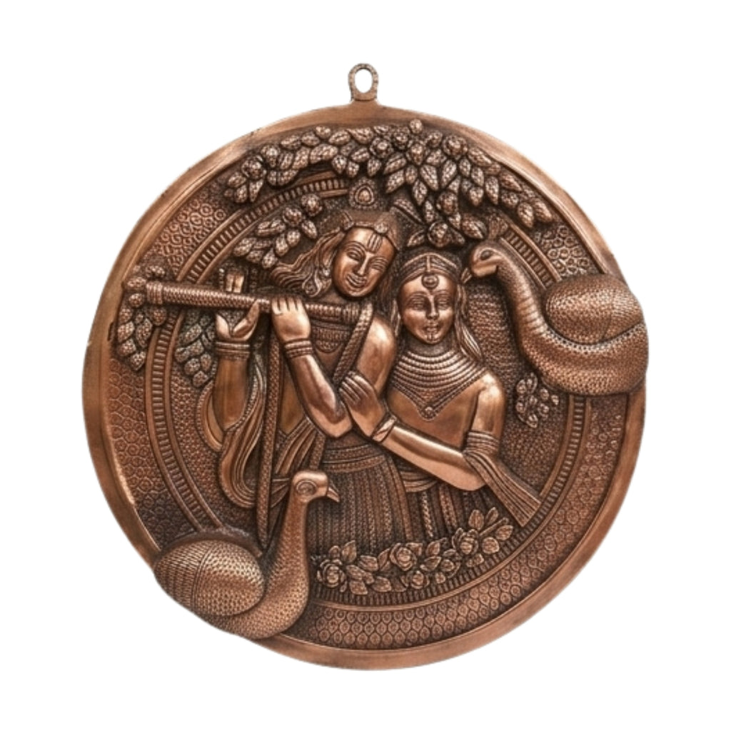 Antique Gunmetal Copper Finish Circular Radha Krishna with Peacocks Metal Wall Art Panel G-258-A