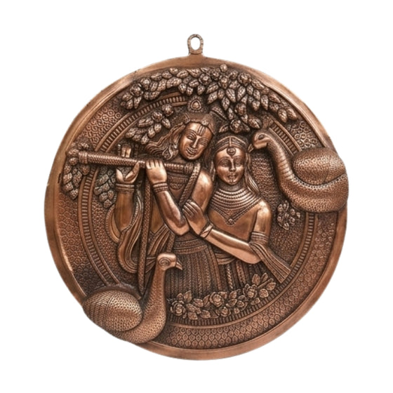 Antique Gunmetal Copper Finish Circular Radha Krishna with Peacocks Metal Wall Art Panel G-258-A