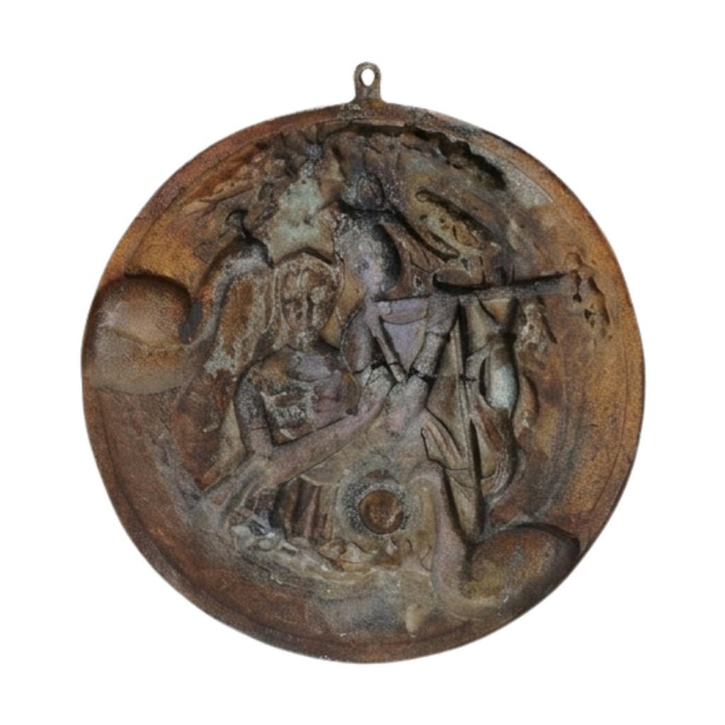 Antique Gunmetal Copper Finish Circular Radha Krishna with Peacocks Metal Wall Art Panel G-258-A