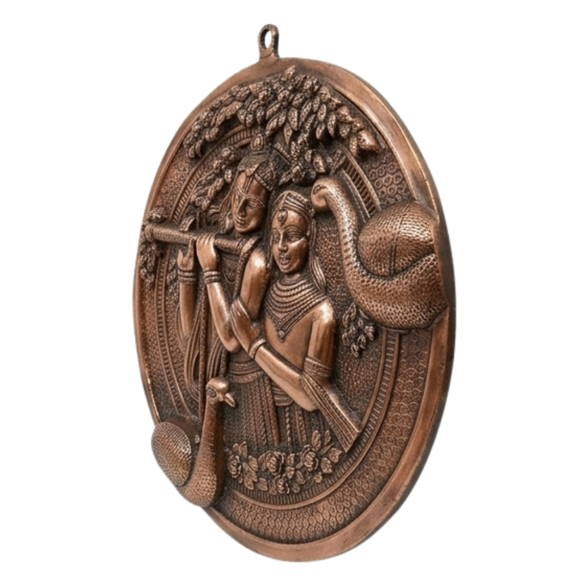 Antique Gunmetal Copper Finish Circular Radha Krishna with Peacocks Metal Wall Art Panel G-258-A