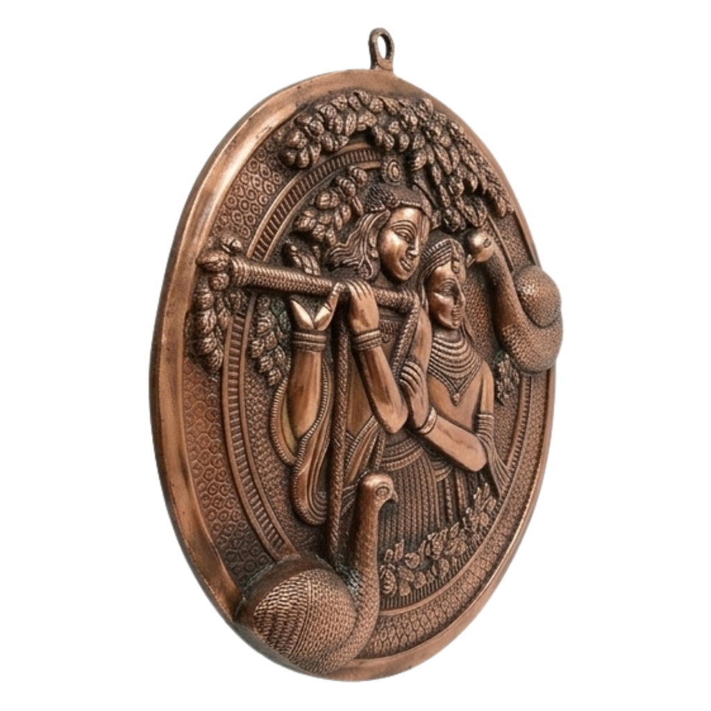 Antique Gunmetal Copper Finish Circular Radha Krishna with Peacocks Metal Wall Art Panel G-258-A