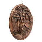 Antique Gunmetal Copper Finish Circular Radha Krishna with Peacocks Metal Wall Art Panel G-258-A