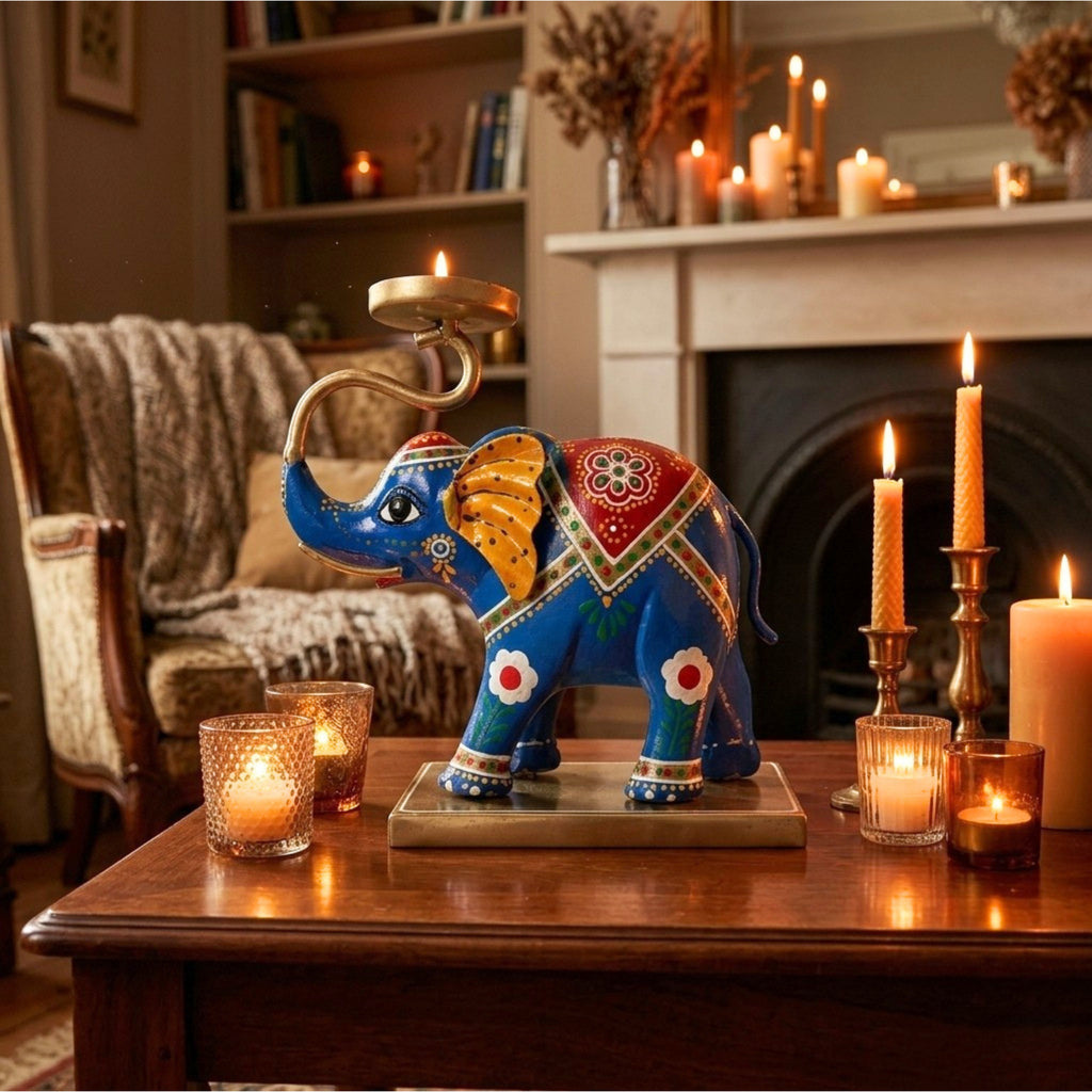 Traditional Colorful Metal Elephant Tealight Holder – Handcrafted Tabletop Decor I-425-A