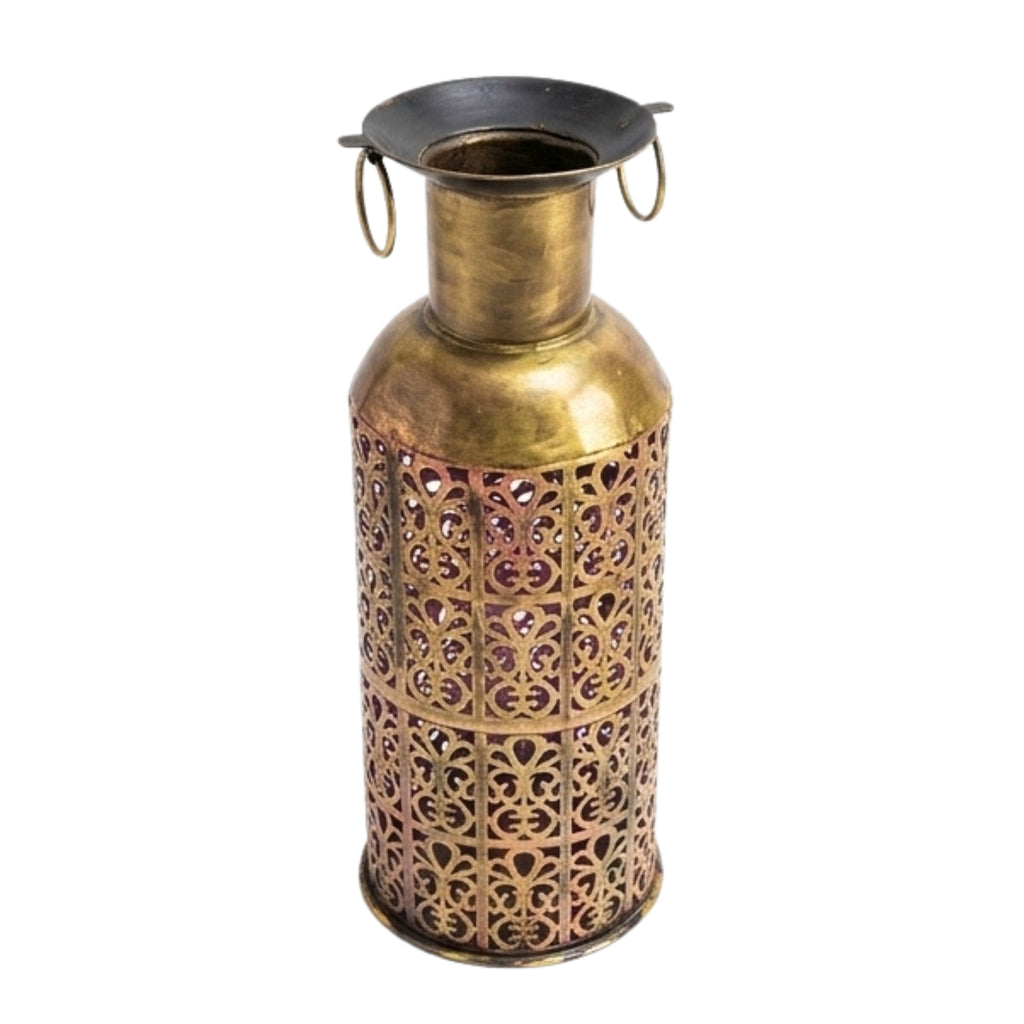 Antique Brass Finish Metal Floor Lantern & Decorative Flower Vase Stand I-226