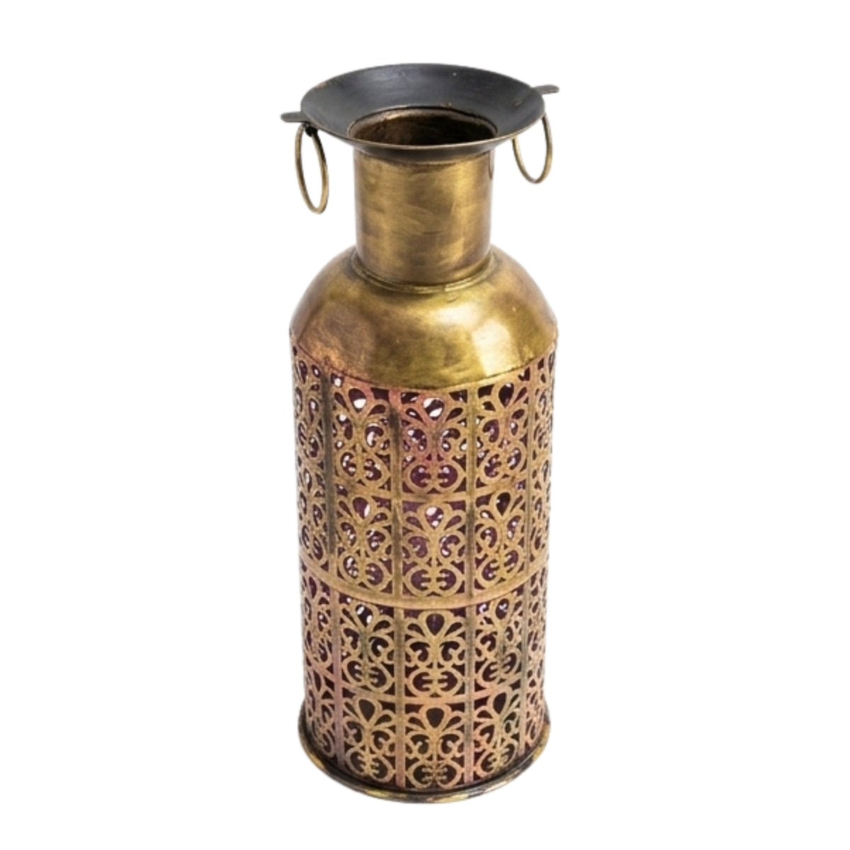 Antique Brass Finish Metal Floor Lantern & Decorative Flower Vase Stand I-226