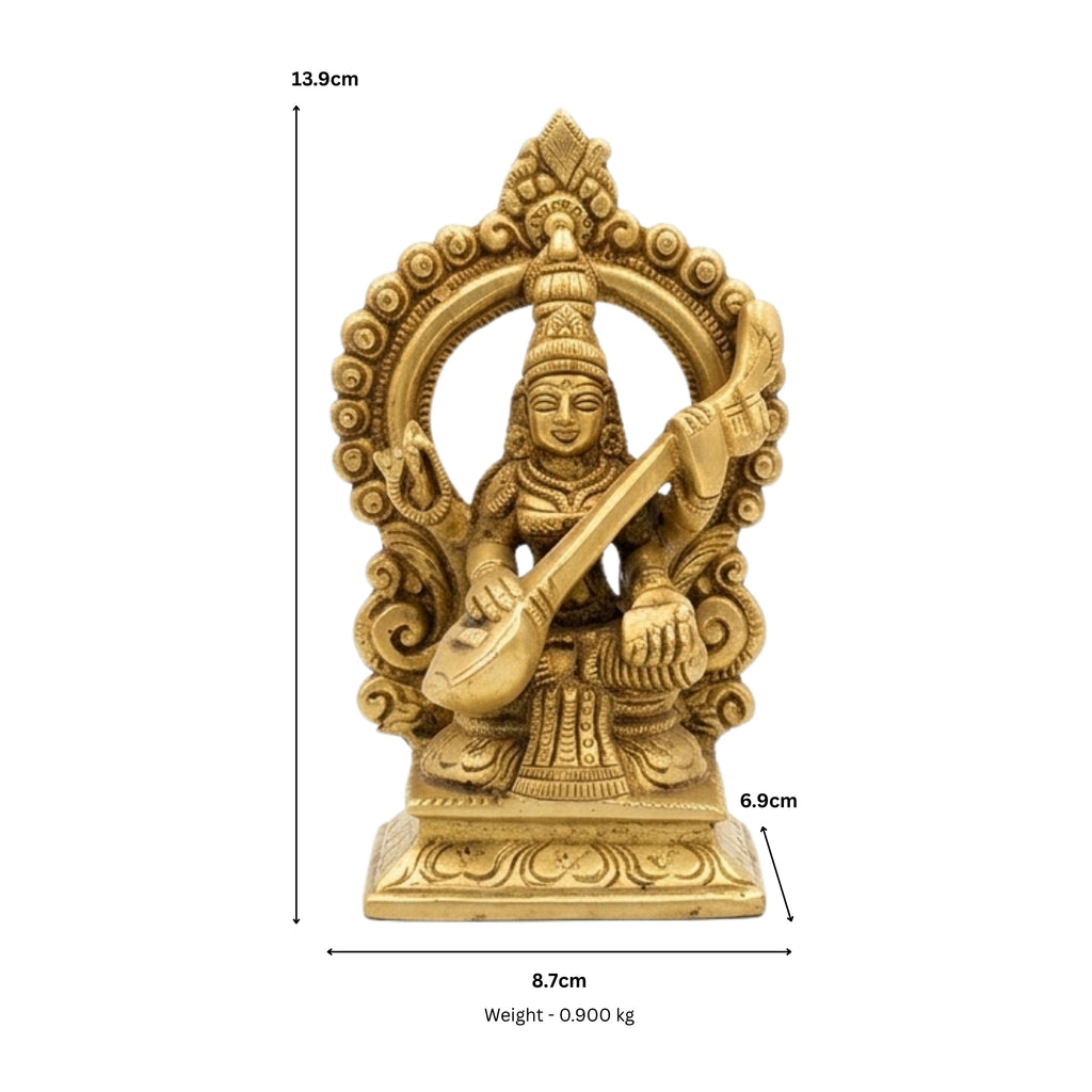 Handcrafted Brass Goddess Saraswati Statue with Prabhavali – Traditional Seated Saraswati Maa Idol with Veena for Temple & Home Decor BR-378-A