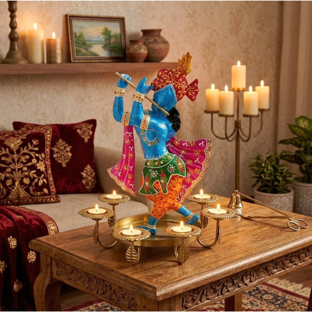 Traditional Metal Krishna Tealight Candle Holder – Vibrant Tabletop Showpiece I-305-A