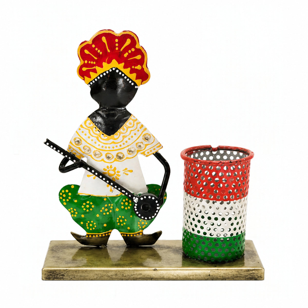Traditional Rajasthani Metal Musician Pen Holder – Hand-Painted Desk Decor I-424-A