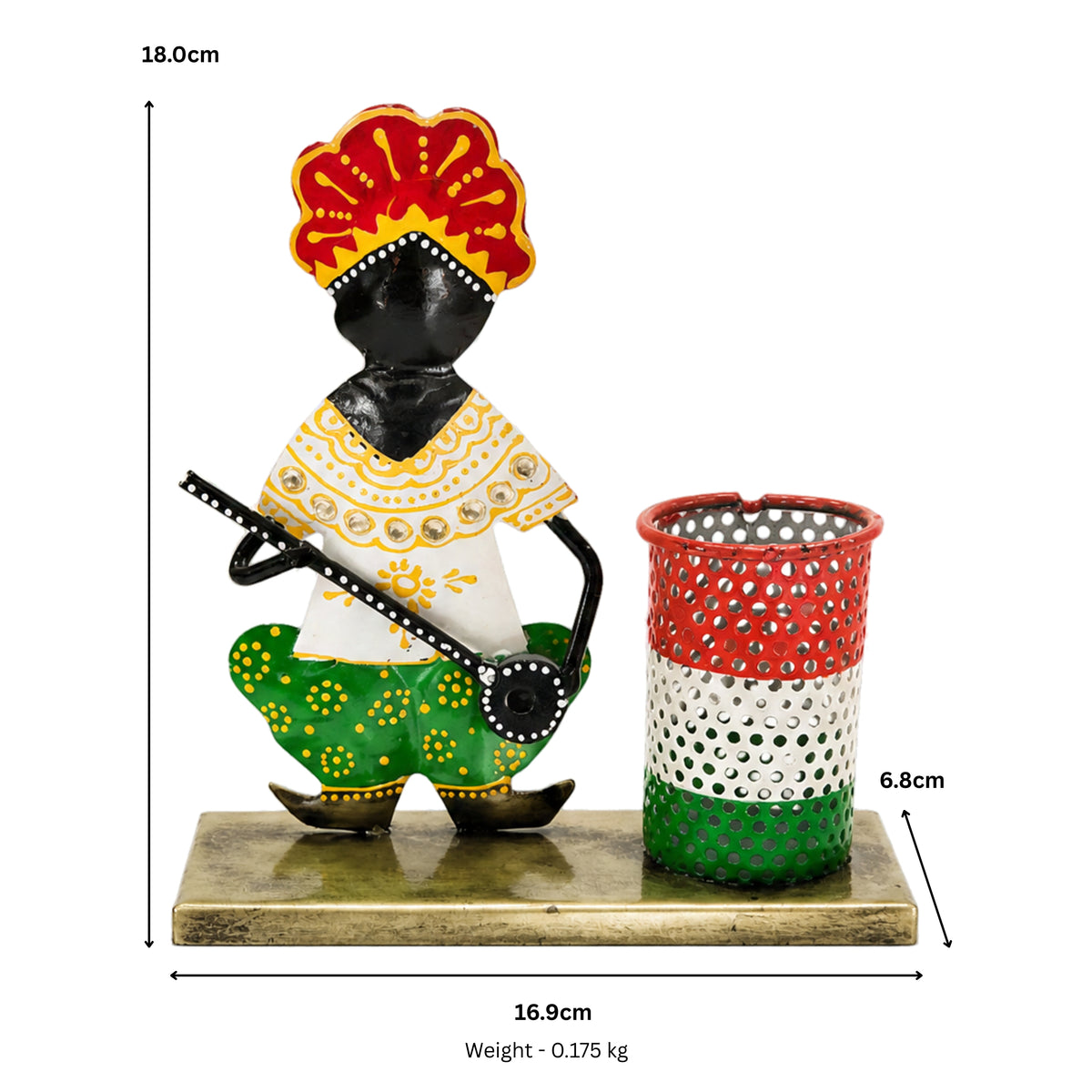 Traditional Rajasthani Metal Musician Pen Holder – Hand-Painted Desk Decor I-424-A