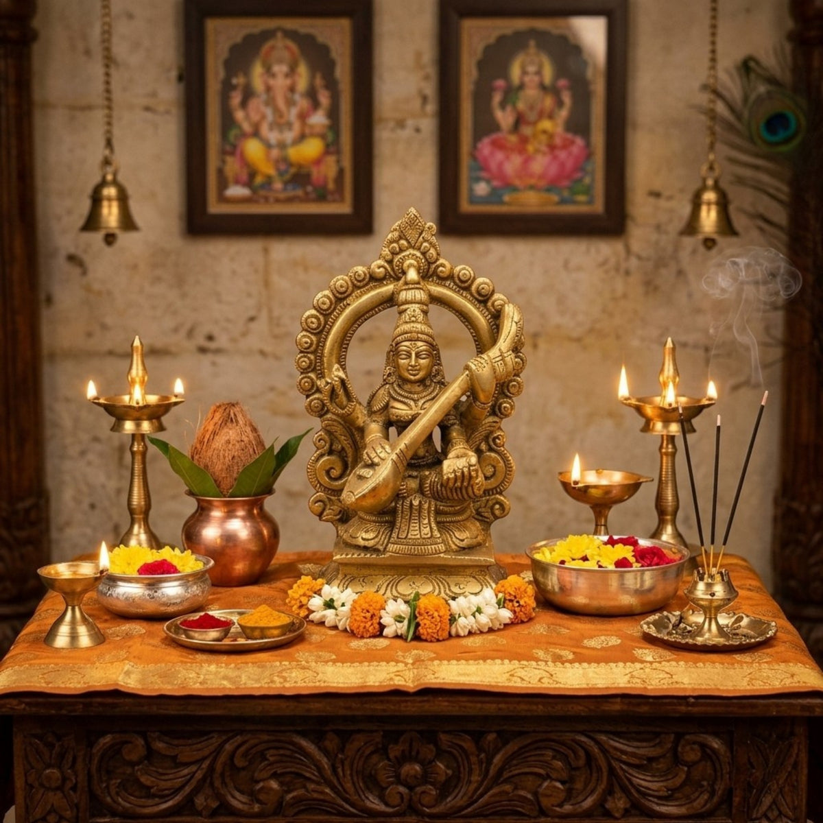 Handcrafted Brass Goddess Saraswati Statue with Prabhavali – Traditional Seated Saraswati Maa Idol with Veena for Temple & Home Decor BR-378-A