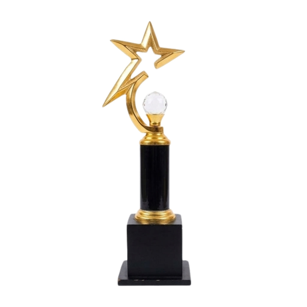 Premium Golden Star Metal Memento | Elegant Crystal Ball & Black Pillar Trophy Award M-218