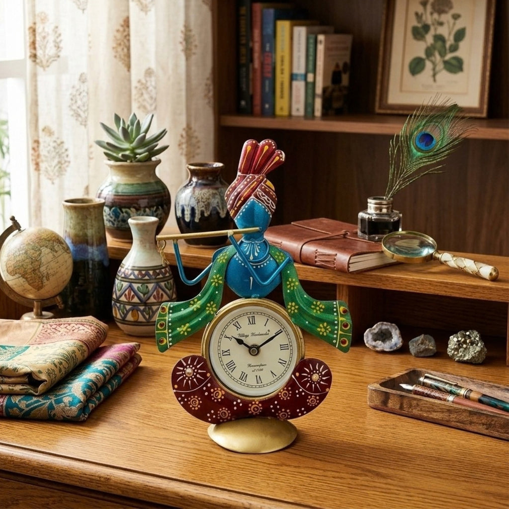 Handcrafted Lord Krishna Iron Table Clock & Spiritual Desk Decor I-309-A
