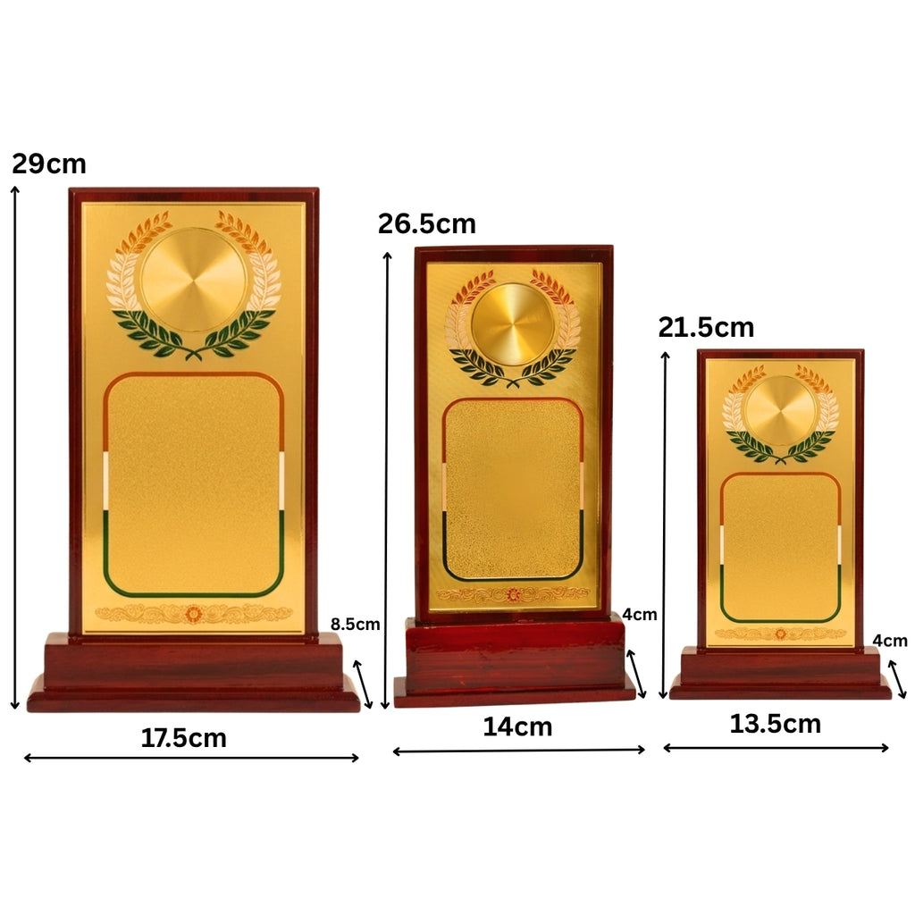 Elegant Multi-Size Wooden Recognition Shield Trophy with Circular Laurel Emblem M-24