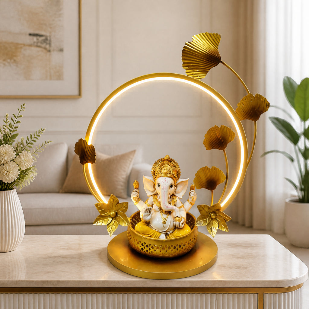 Modern Metal Ganesha Showpiece with Ring Light – Luxury Tabletop Devotional Decor I-432-A