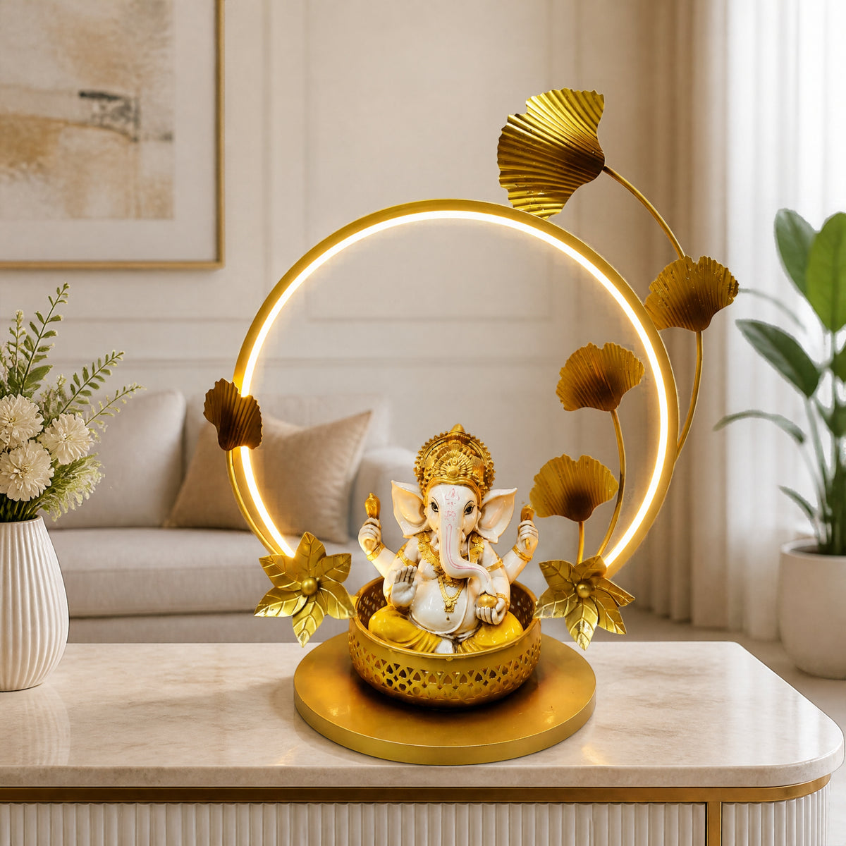 Modern Metal Ganesha Showpiece with Ring Light – Luxury Tabletop Devotional Decor I-432-A