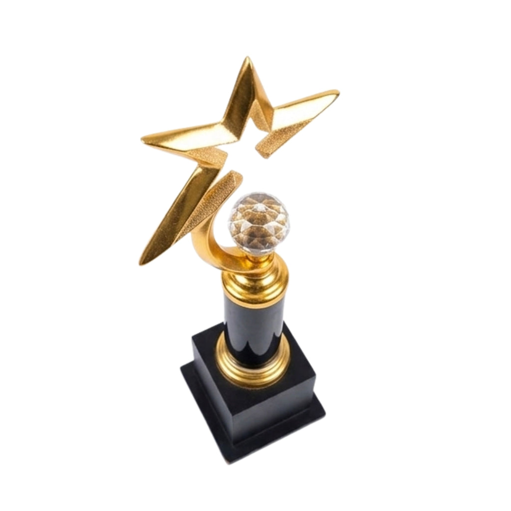 Premium Golden Star Metal Memento | Elegant Crystal Ball & Black Pillar Trophy Award M-218