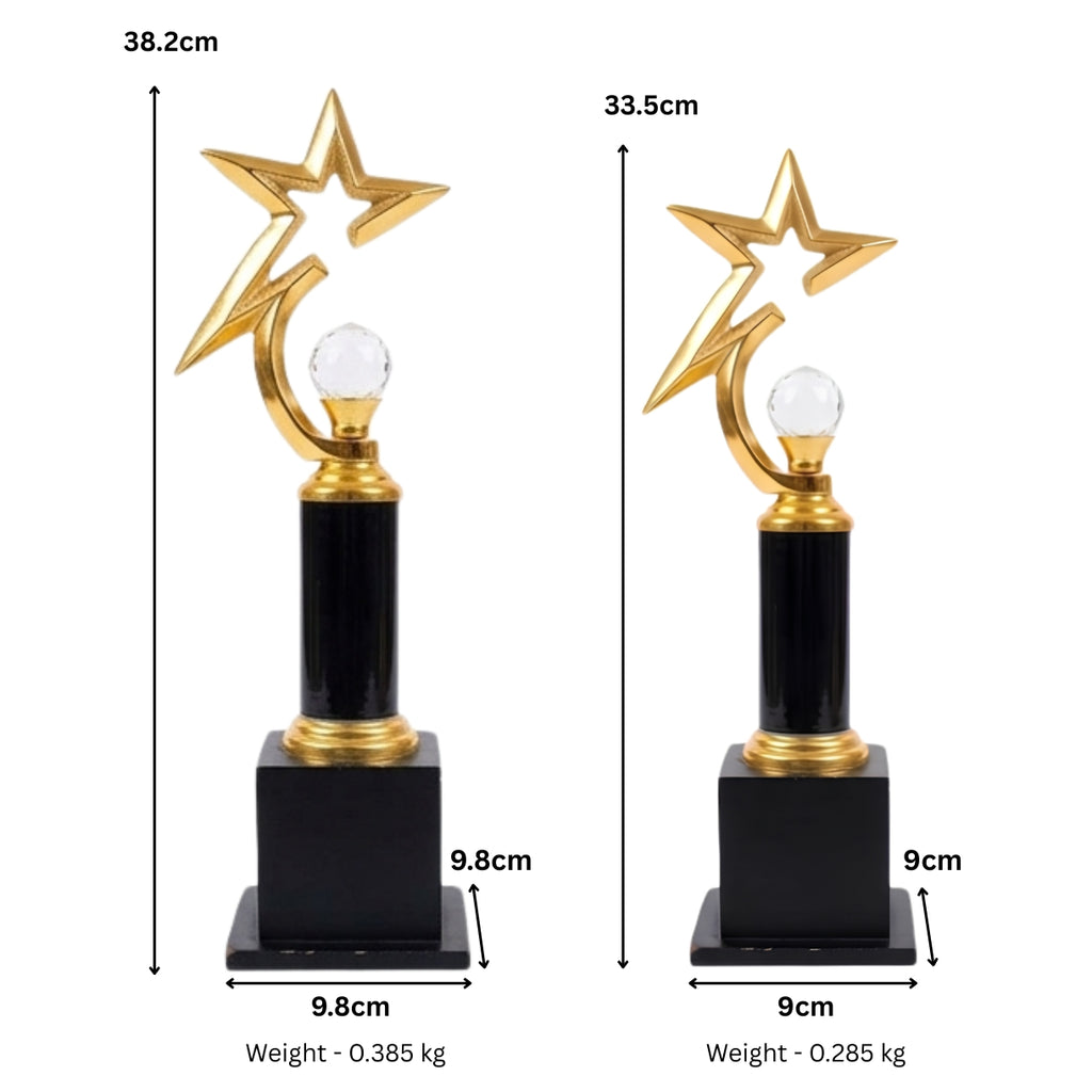 Premium Golden Star Metal Memento | Elegant Crystal Ball & Black Pillar Trophy Award M-218