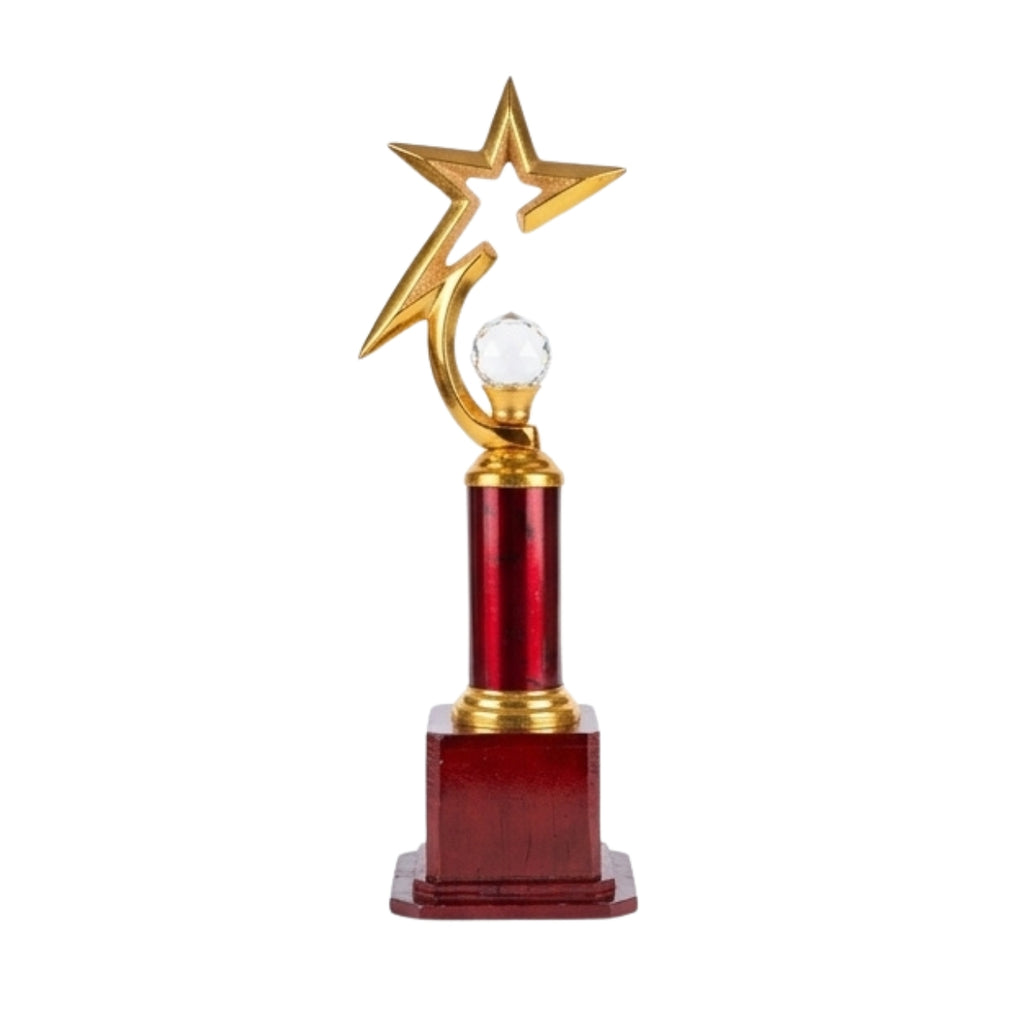 Elite Gold Star Trophy Award – Red Column & Wooden Base Memento M-218