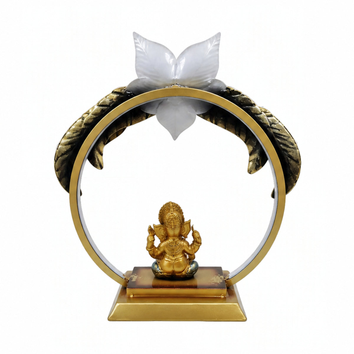 Modern Metal Ganesha Showpiece with LED Ring Light – Luxury Tabletop Devotional Decor I-415-A