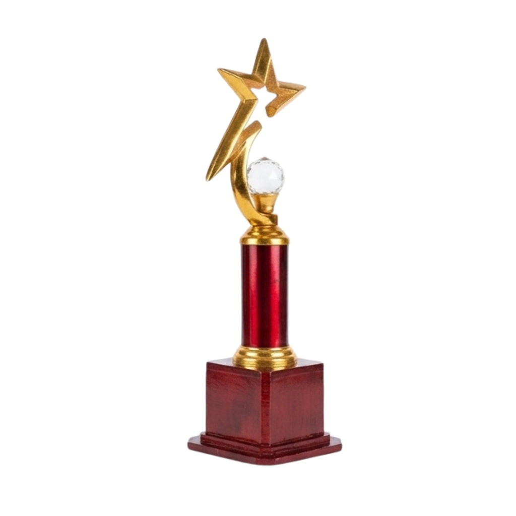 Elite Gold Star Trophy Award – Red Column & Wooden Base Memento M-218