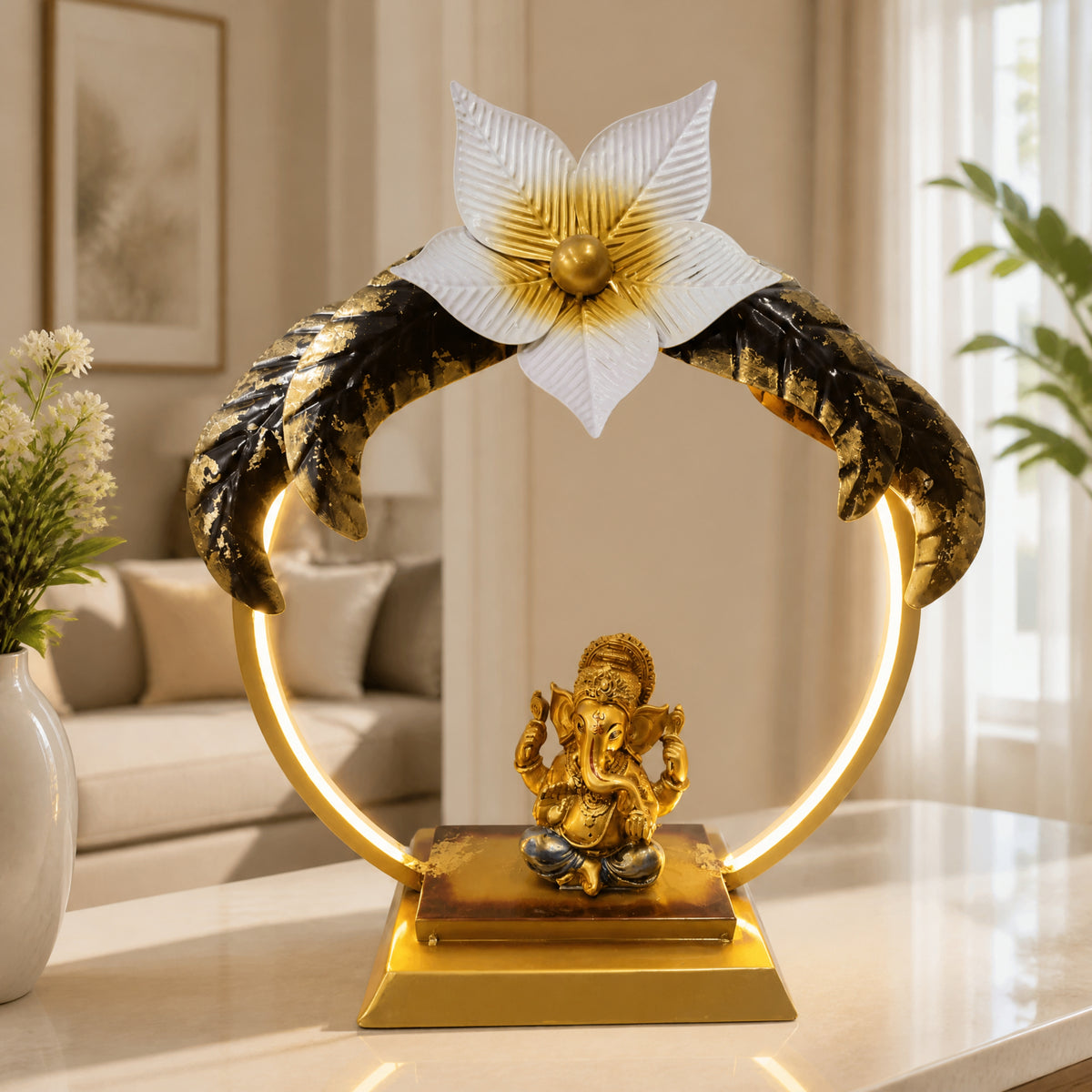 Modern Metal Ganesha Showpiece with LED Ring Light – Luxury Tabletop Devotional Decor I-415-A