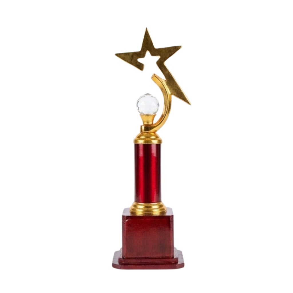 Elite Gold Star Trophy Award – Red Column & Wooden Base Memento M-218