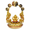 Exquisite Golden Metal Ganesha Idol with Illuminated Floral Arch and Peacock Base Accent I-412-A