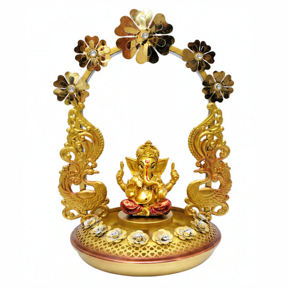 Exquisite Golden Metal Ganesha Idol with Illuminated Floral Arch and Peacock Base Accent I-412-A