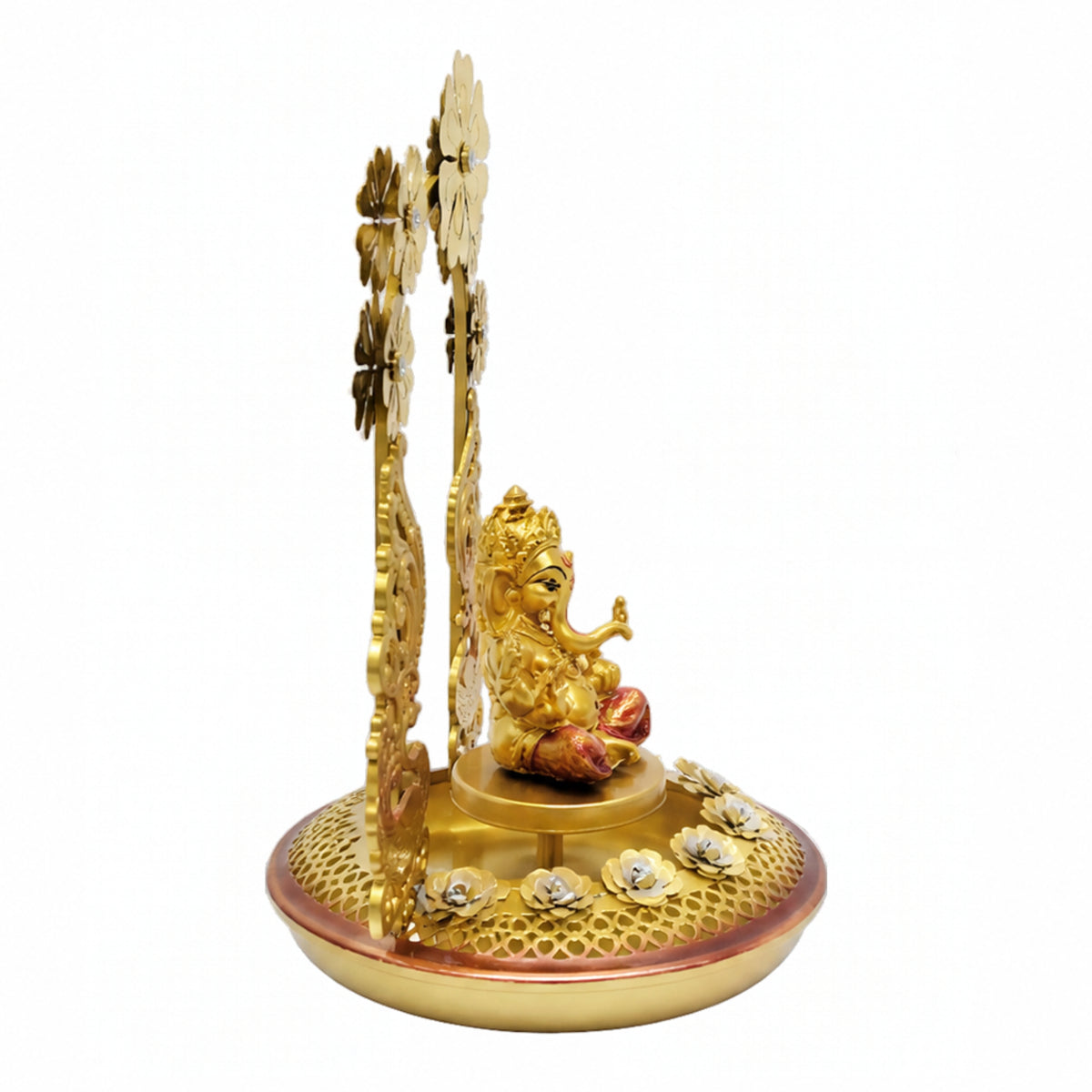 Exquisite Golden Metal Ganesha Idol with Illuminated Floral Arch and Peacock Base Accent I-412-A