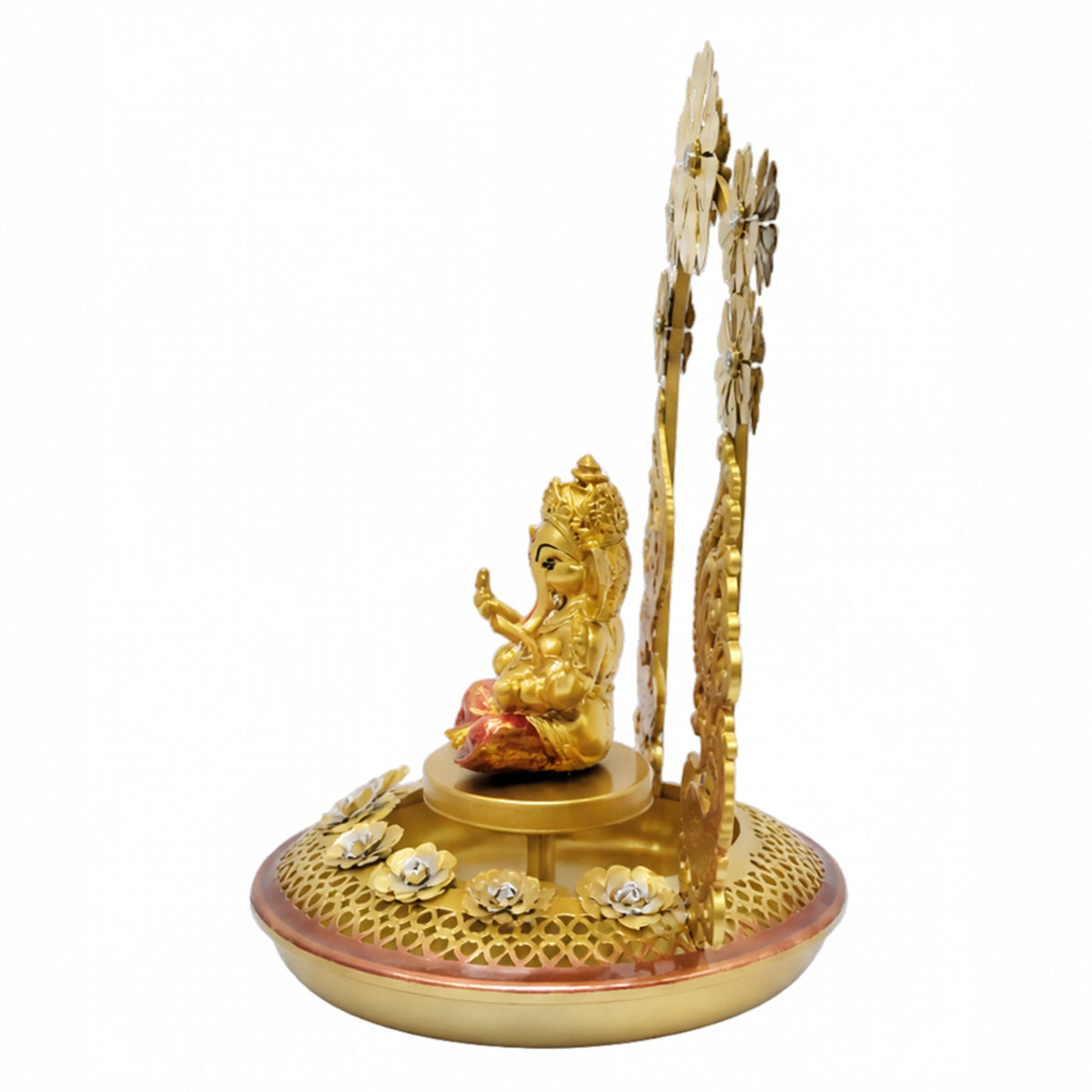 Exquisite Golden Metal Ganesha Idol with Illuminated Floral Arch and Peacock Base Accent I-412-A