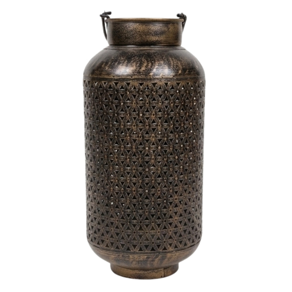Antique Bronze Finish Metal Floor Lantern & Flower Vase | Decorative Jali Cut Cutwork Tea Light Holder Stand I-75-A