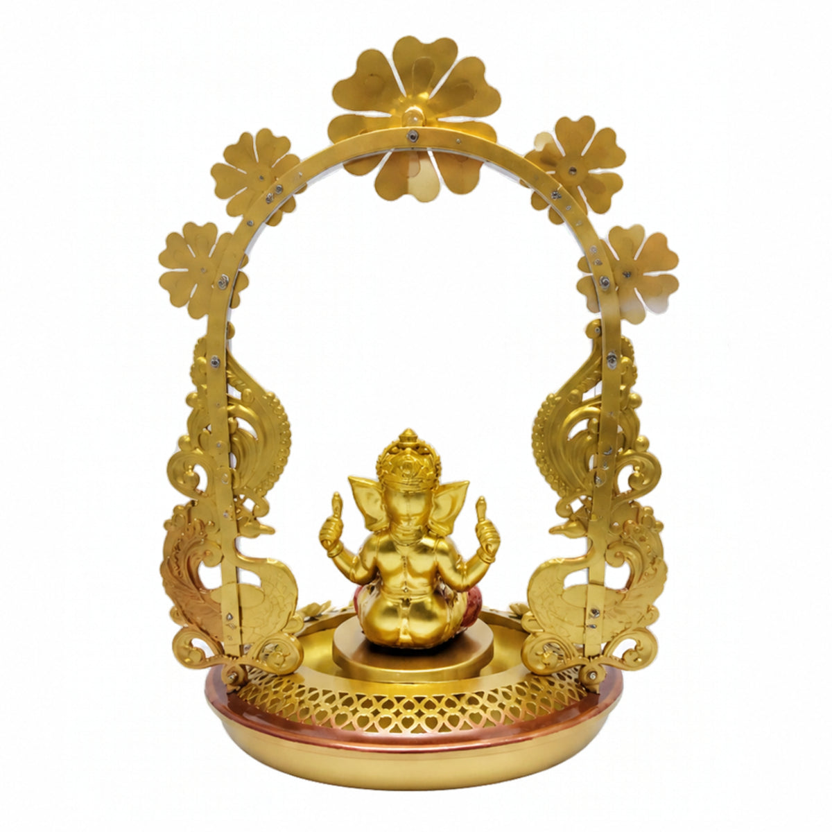 Exquisite Golden Metal Ganesha Idol with Illuminated Floral Arch and Peacock Base Accent I-412-A