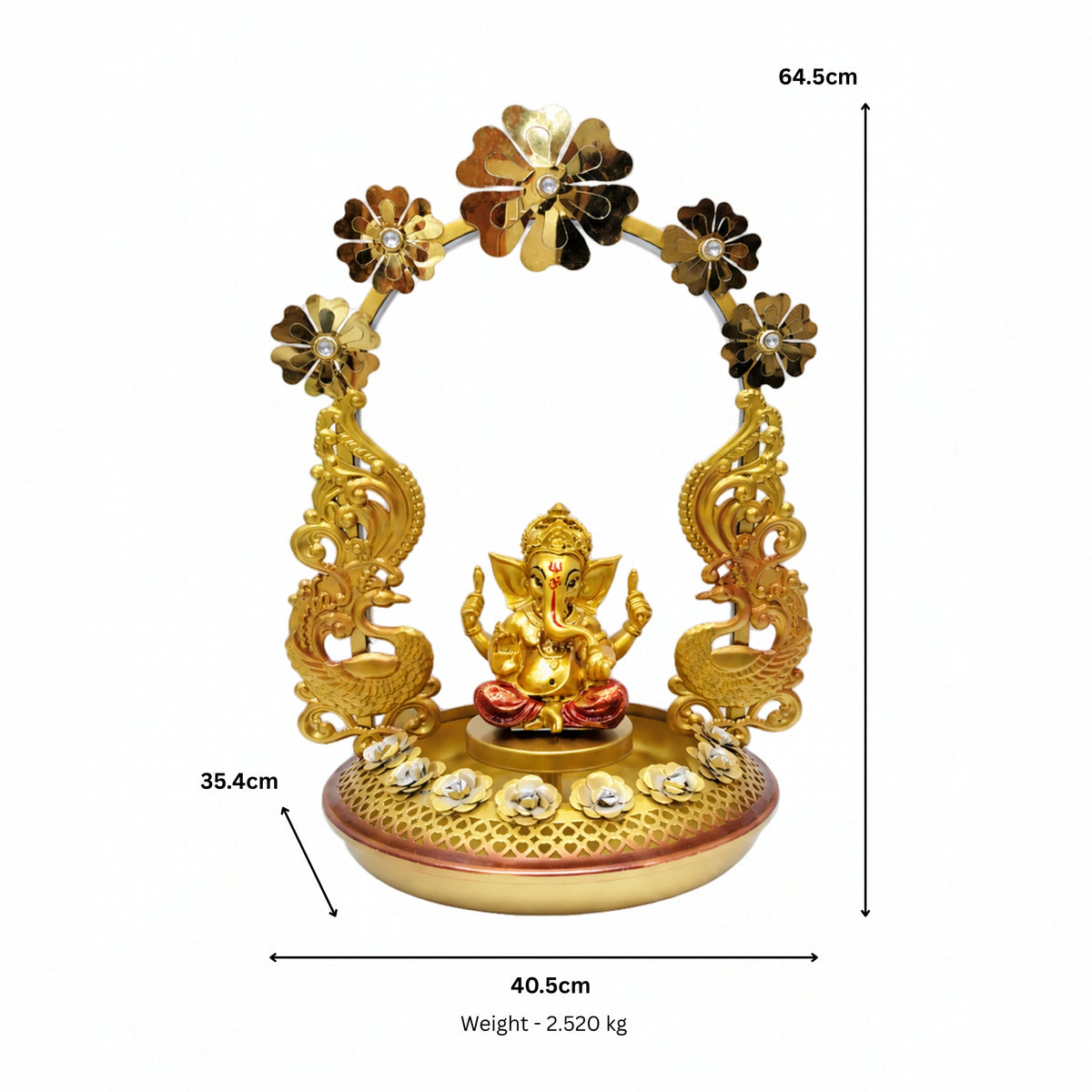 Exquisite Golden Metal Ganesha Idol with Illuminated Floral Arch and Peacock Base Accent I-412-A