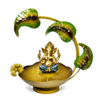 Exquisite Golden Metal Ganesha Idol with Illuminated Leaf Arch and Lotus Flower Urli Bowl Base I-411-A