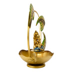Exquisite Golden Metal Ganesha Idol with Illuminated Leaf Arch and Lotus Flower Urli Bowl Base I-411-A