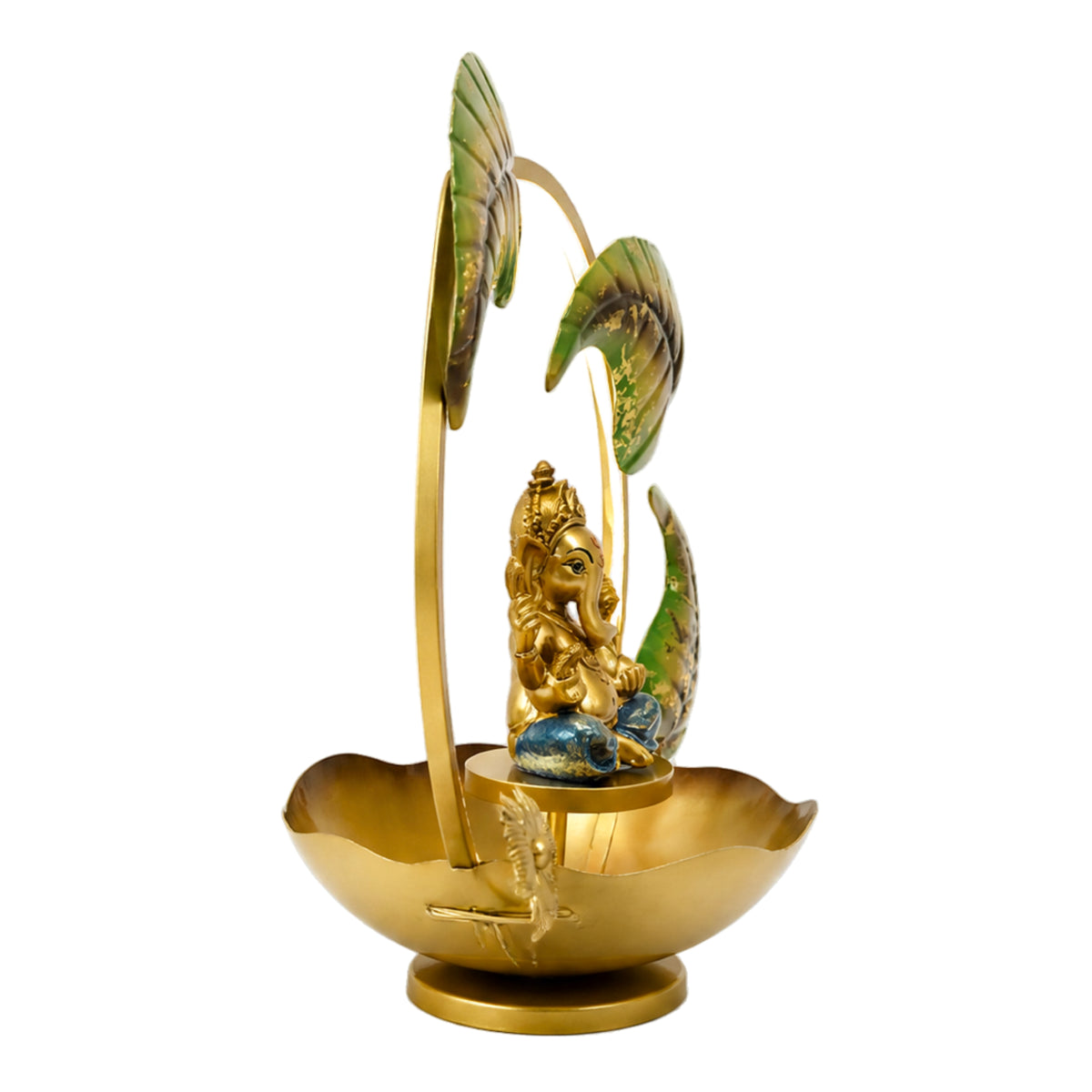 Exquisite Golden Metal Ganesha Idol with Illuminated Leaf Arch and Lotus Flower Urli Bowl Base I-411-A