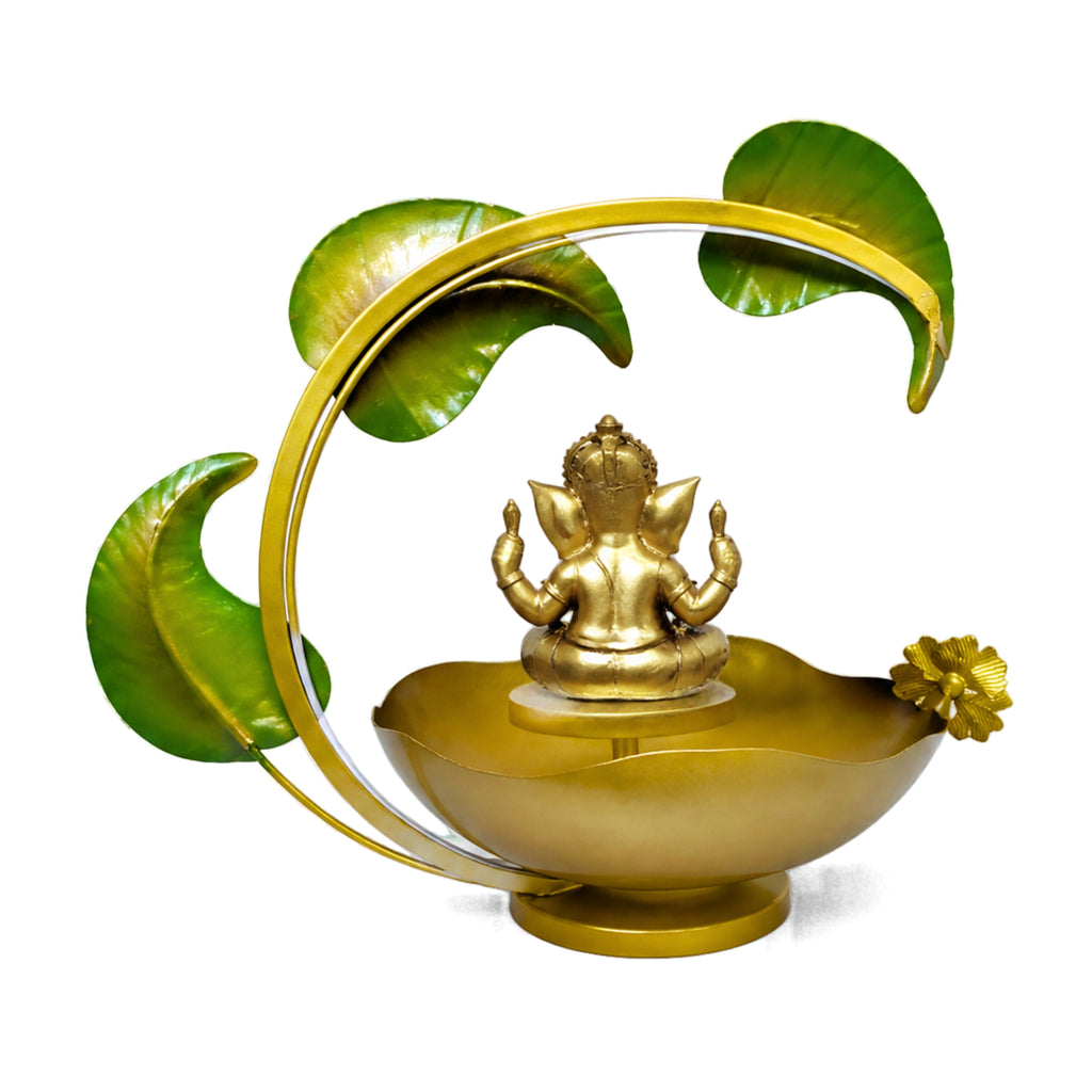 Exquisite Golden Metal Ganesha Idol with Illuminated Leaf Arch and Lotus Flower Urli Bowl Base I-411-A